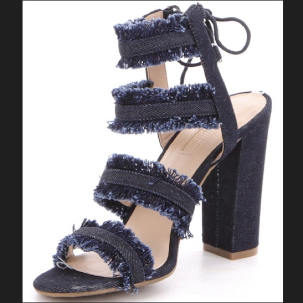 Guess Evira frayed denim block heel 3.5” sandals 9
